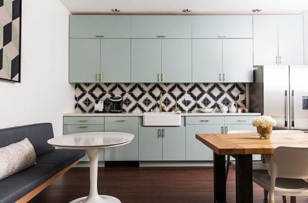 a kitchen with matte and bold patterns