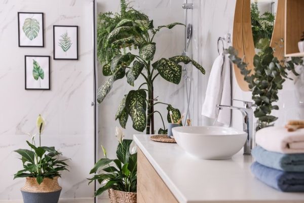 a bathroom with plant decorations